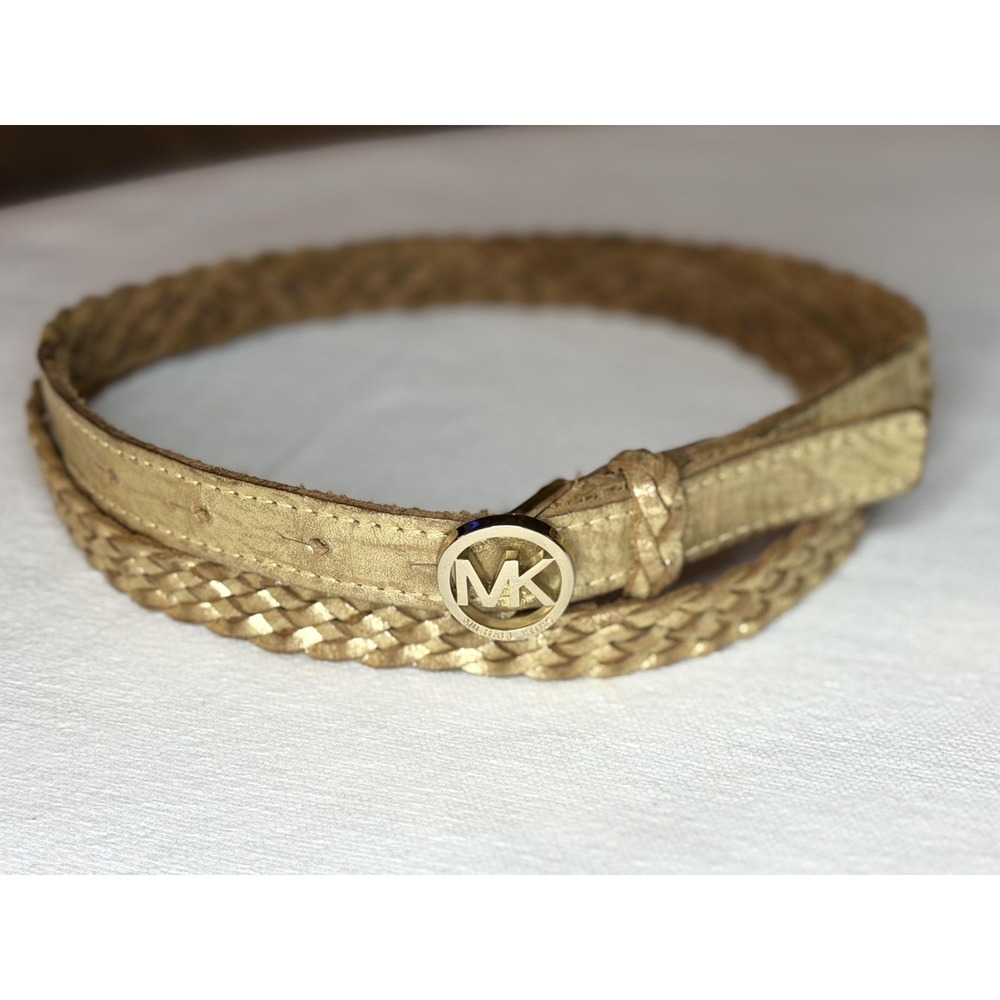 Michael Kors Belt Womens M Metallic Gold Leather Braided Skinny MK Logo Buckle